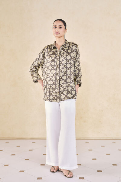 Halidrys Handcrafted Ajrakh Silk Top - Grey